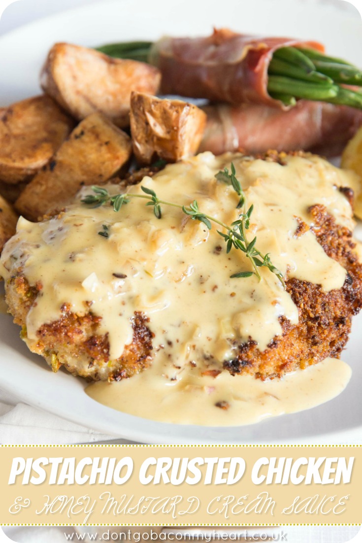 This Pistachio Crusted Chicken is the perfect easy chicken dinner for two. With the addition of a Honey Mustard Cream sauce, the flavours in this dish are incredible! And don't be deceived, it seriously couldn't be more simple to make! #pistachio #chicken #honey #mustard | www.dontgobaconmyheart.co.uk