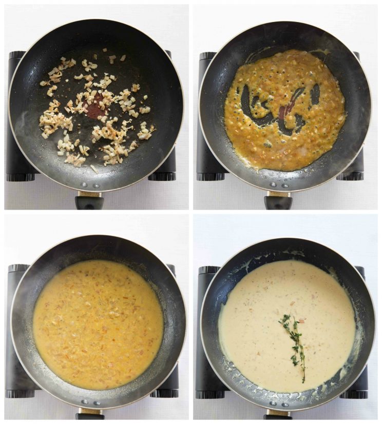 4 step by step photos showing how to make honey mustard cream sauce