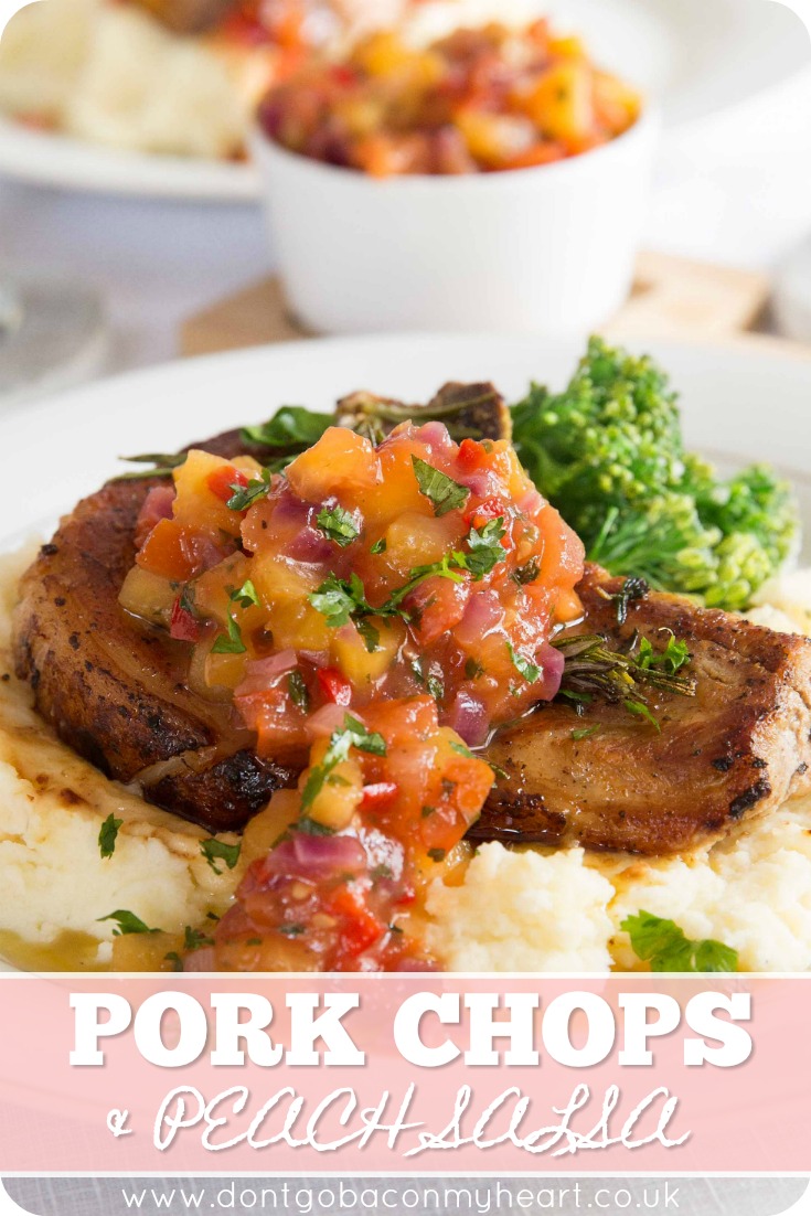 These Easy Pan Fried Pork Chops with Peach Salsa really couldn't be more quick to make. Although they make a fancy looking dinner, they're SO easy to whip up in the comfort of your own home. The PERFECT date night dinner! #pork #porkchops #salsa #peachsalsa