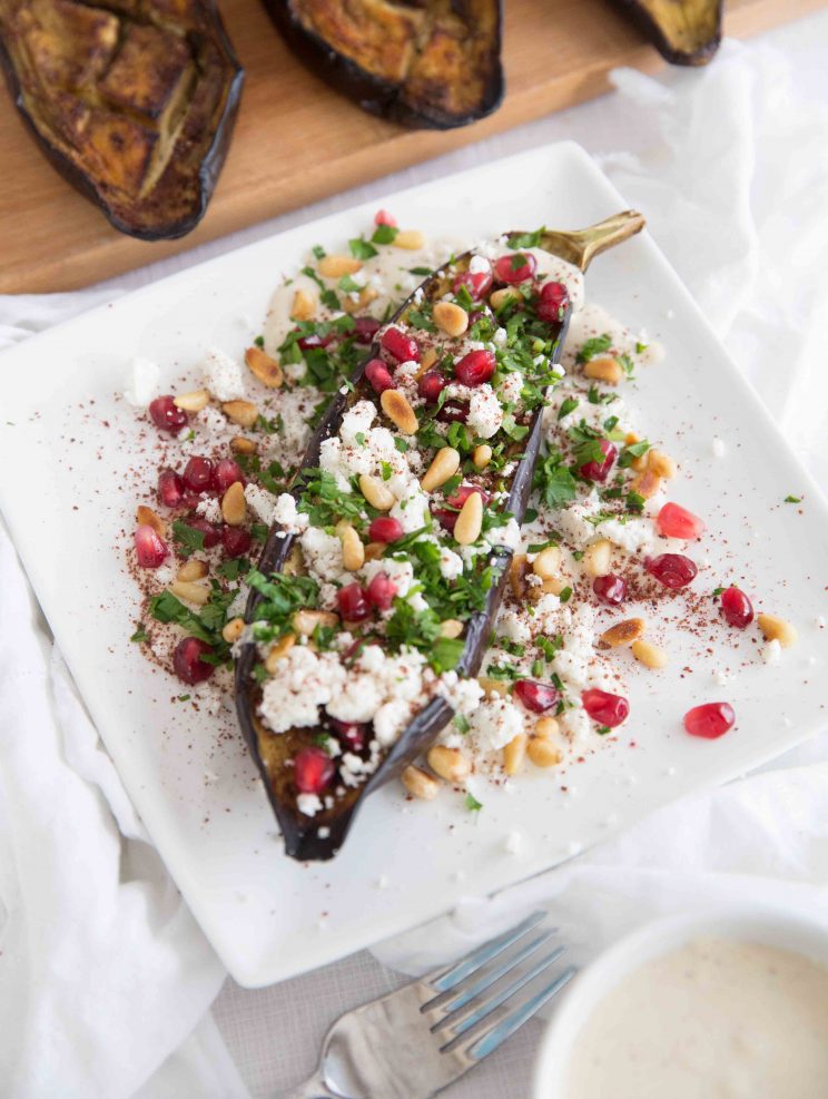 Sumac Roasted Eggplant with Tahini Yogurt Sauce and Pine nuts