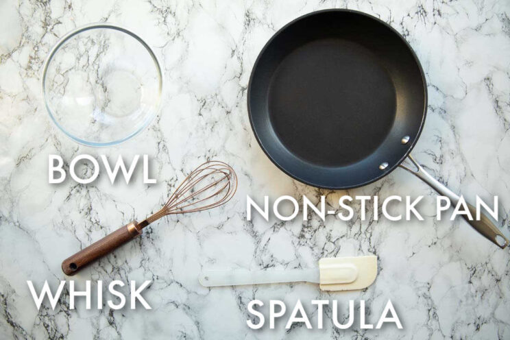 overhead shot of scrambled eggs equipment with text labels
