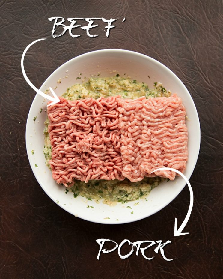 Ground Beef and Pork resting on a panade in a bowl