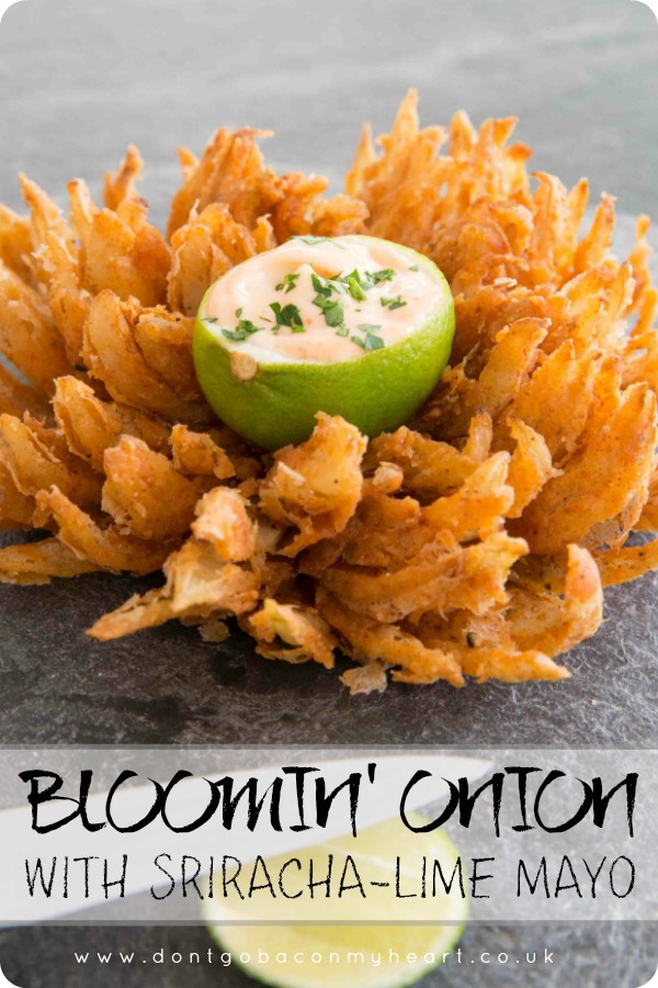 Here I'll show you how to make a blooming onion in the most delicious way possible. Served with a sriracha-lime mayo dip, this is a blooming onion recipe to be reckoned with! #bloomingonion #onion #appetizer | www.dontgobaconmyheart.co.uk