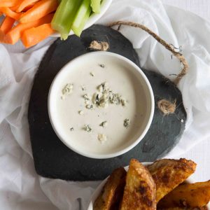 Blue Cheese Dip recipe with carrots, celery and potato wedges