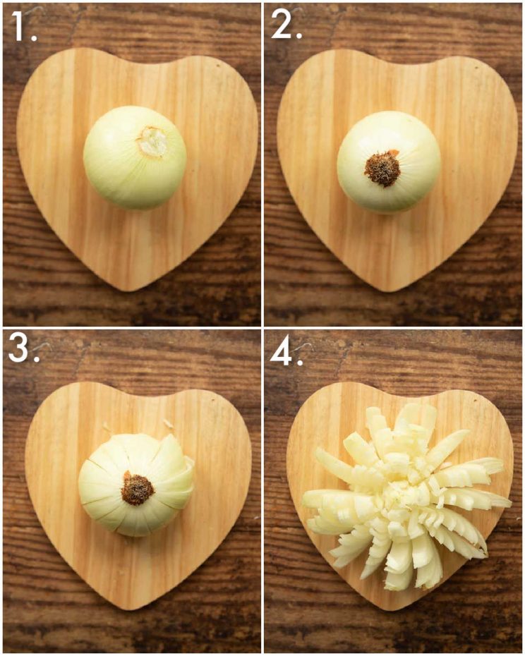 4 step by step photos showing how to cut a blooming onion