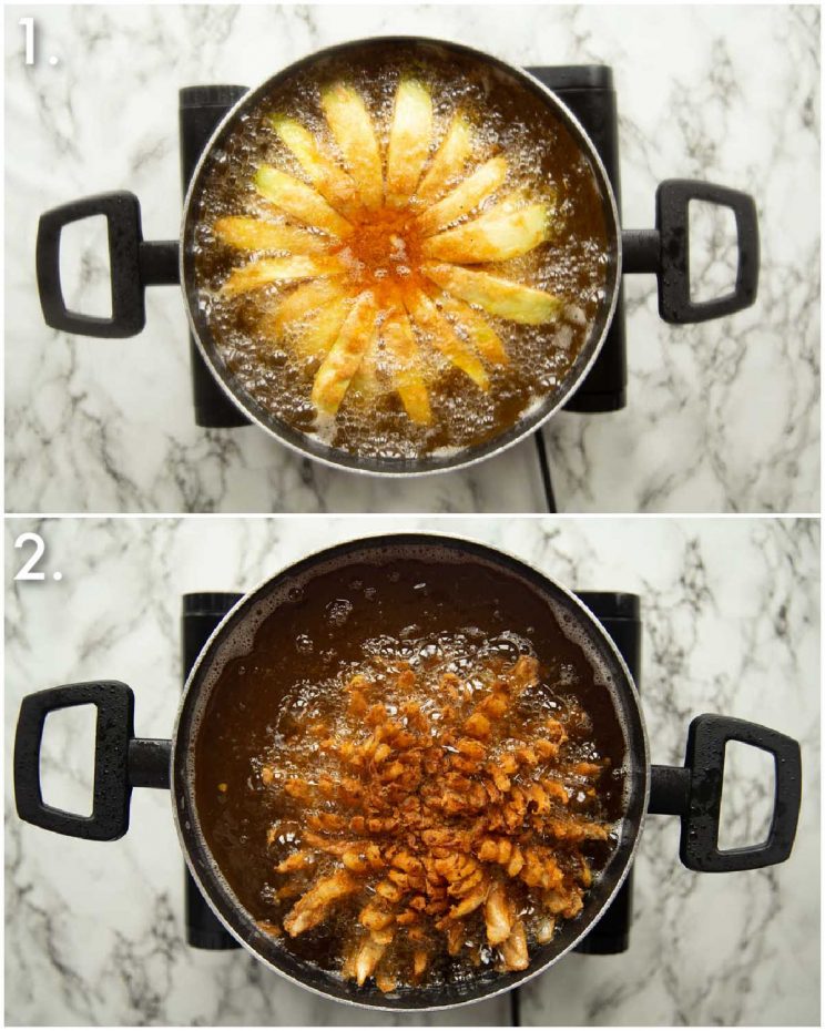 2 step by step photos showing how to fry a blooming onion