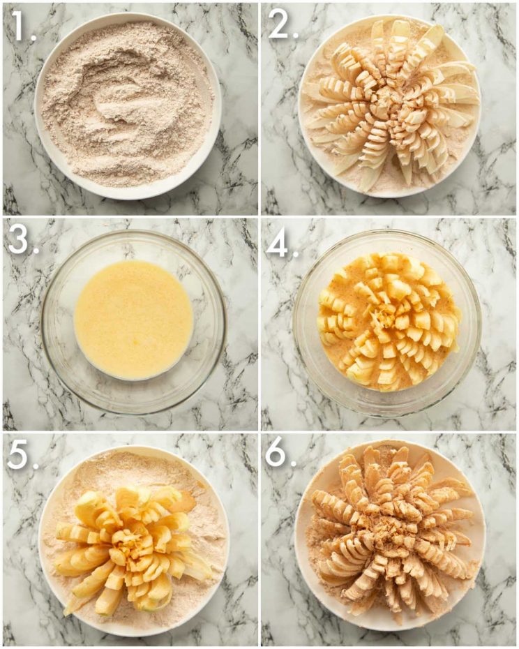 6 step by step photos showing how to make a blooming onion