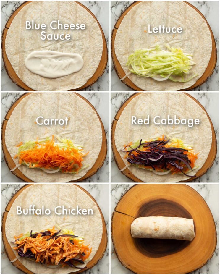 6 step by step photos showing how to make buffalo chicken wraps