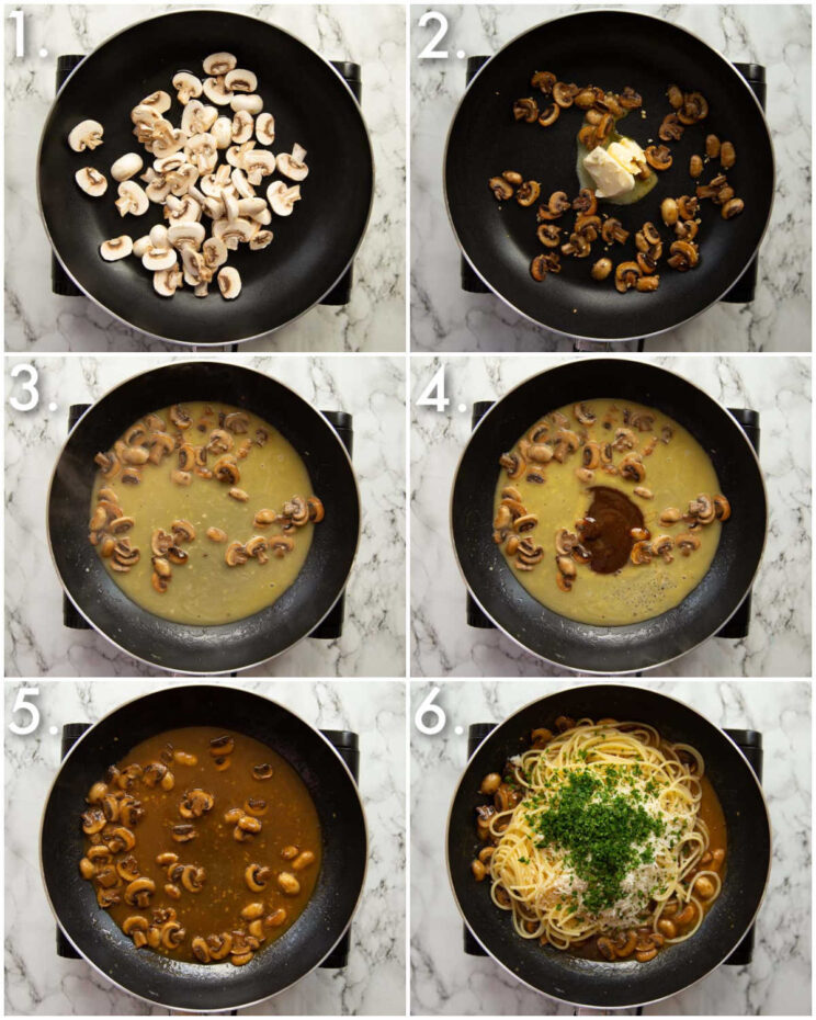 6 step by step photos showing how to make Marmite pasta