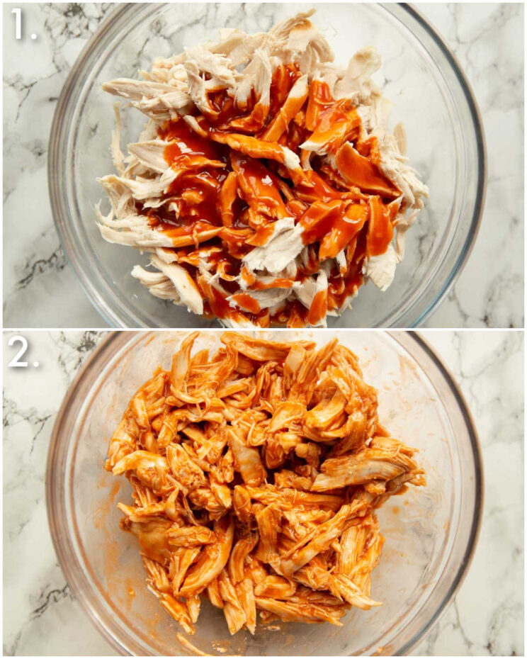 2 step by step photos showing how to make shredded buffalo chicken