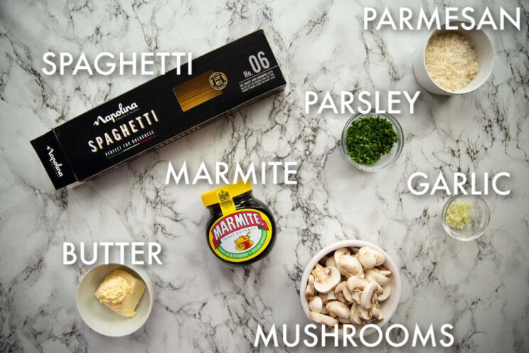 Marmite Pasta ingredients with text labels