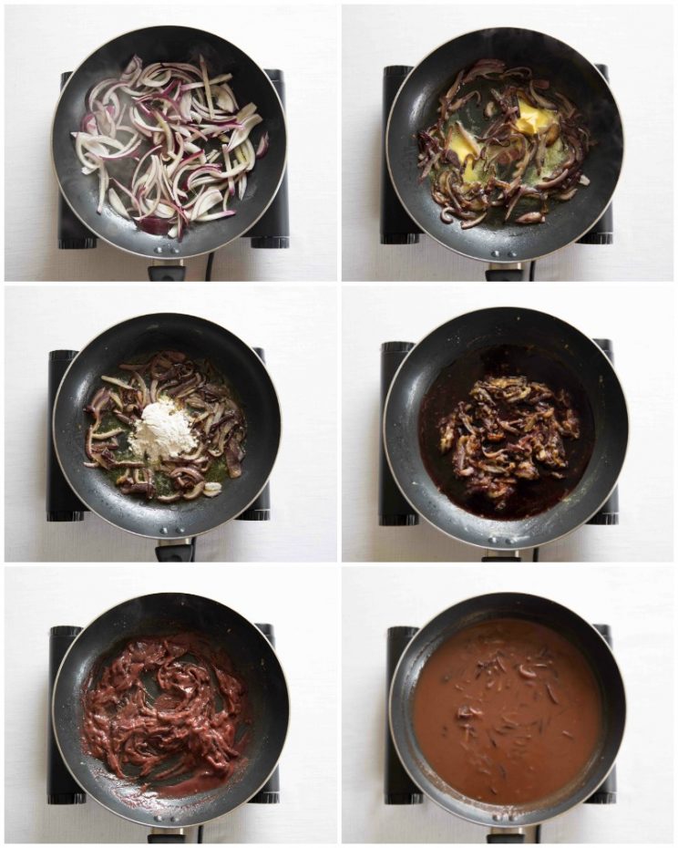 6 step by step photos showing how to make red wine onion gravy