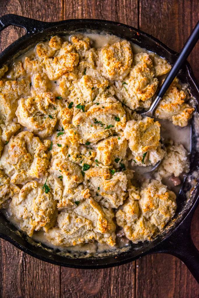 Savory Breakfast Ideas - skillet Biscuits and Gravy Casserole