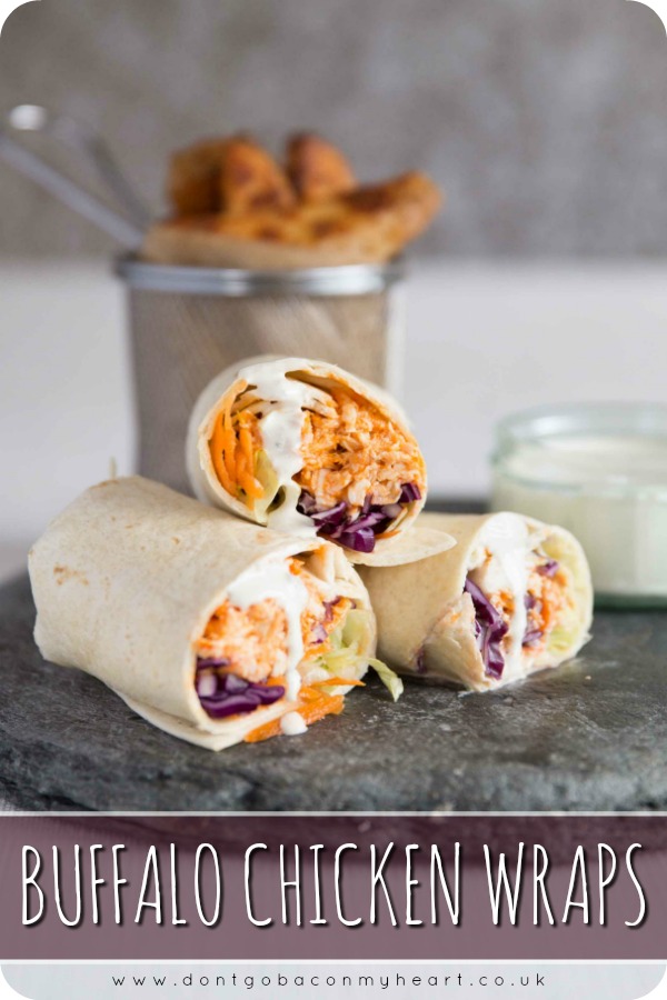 These Shredded Buffalo Chicken Wraps are the ultimate no-fuss lunch! They're also a perfect opportunity to use up some leftovers you've got knocking about in the fridge. Made with a homemade buffalo sauce, these wraps couldn't be any more delicious if they tried! #buffalo #chicken #lunch | www.dontgobaconmyheart.co.uk