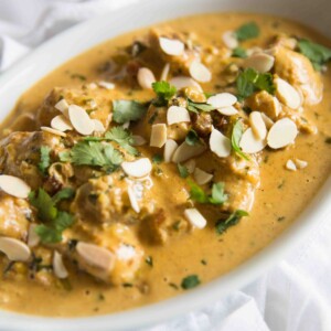 Coronation Chicken close up with toasted flaked almonds