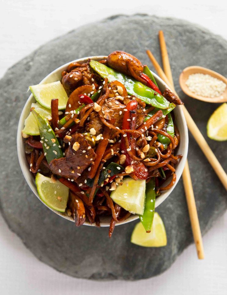 chicken noodle stir fry in a bowl