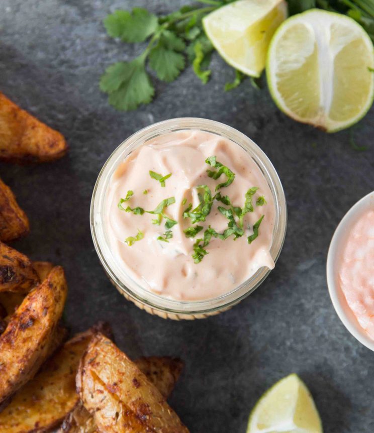 Sriracha Mayo Overhead shot with cut lime and wedges in the background