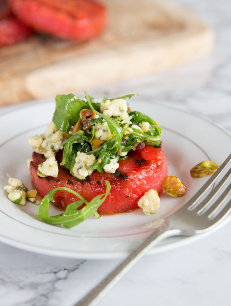 Grilled Watermelon Salad with arugula, blue cheese and pistachios