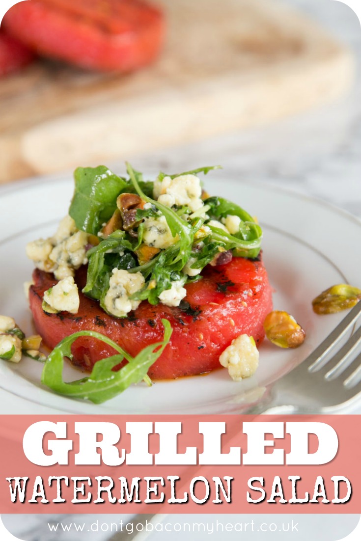 This Grilled Watermelon Salad is absolutely bursting with flavour. Topped with Arugula, Pistachios, Blue Cheese and a Balsamic Glaze, after trying this recipe you won't grill watermelon any other way! #watermelon #grilled #grilledwatermelon #salad | www.dontgobaconmyheart.co.uk