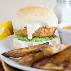 Fish Cake Burger with homemade chips and curry sauce