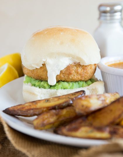 Fish Cake Burger with homemade chips and curry sauce