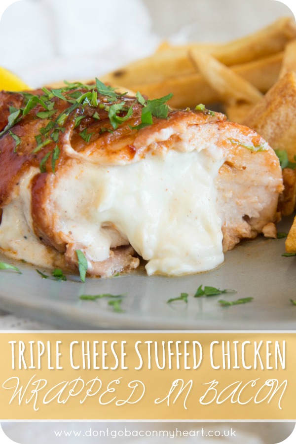 Triple Cheese Stuffed Chicken Wrapped in Bacon is the ultimate chicken dinner. Baked in a BBQ glaze, this stuffed chicken recipe couldn't be more of a treat if it tried! #chicken #bbq #bacon #cheese | www.dontgobaconmyheart.co.uk