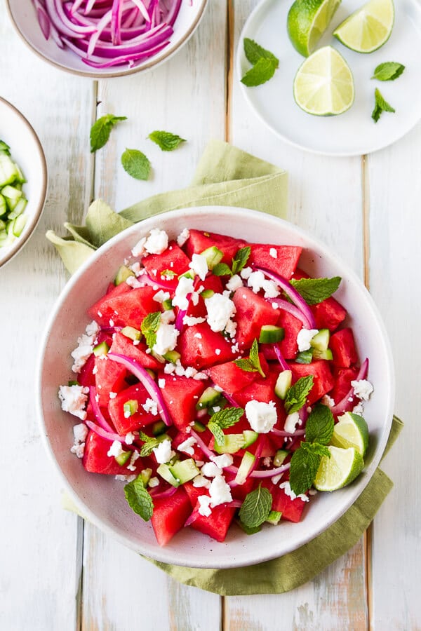 Watermelon Salad Recipes - Watermelon, mint and cucumber salad