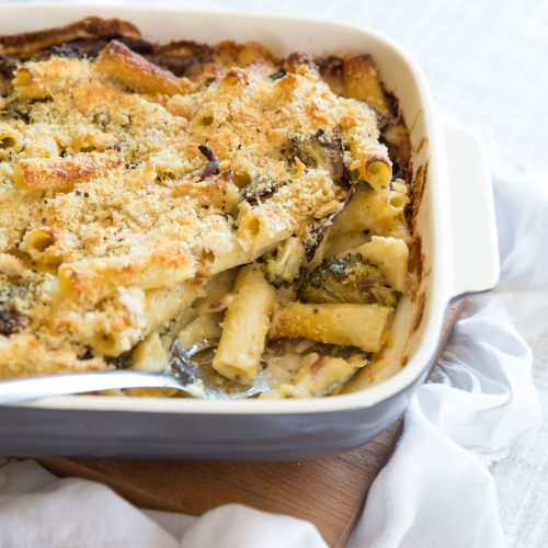 Broccoli Pasta Bake with serving spoon