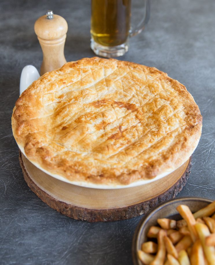 Chicken Leek and Mushroom Pie and chips and beer