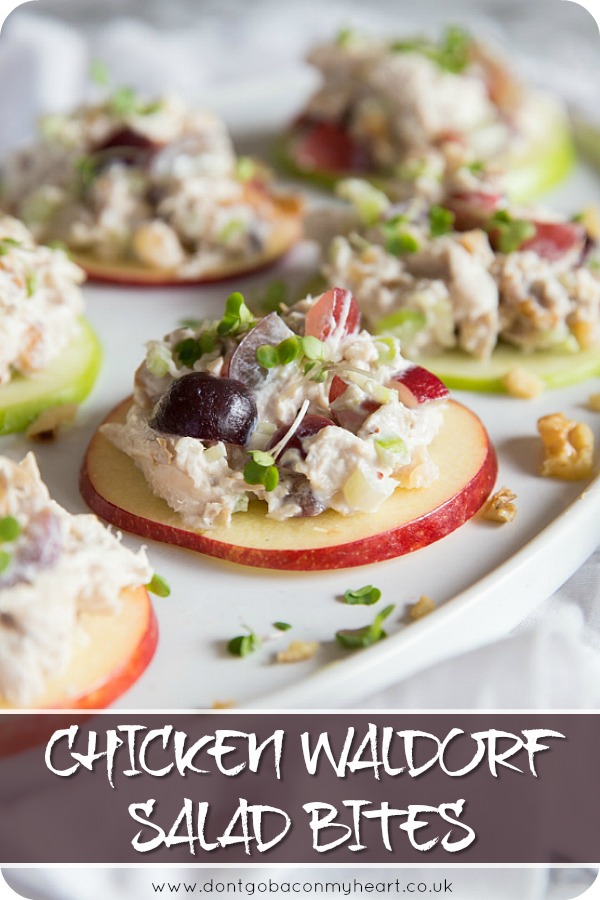 A modern twist on the Waldorf Salad, these Chicken Waldorf Salad Bites are served on slices of apple for that perfect party appetizer! #salad #chicken #waldorf #apple | www.dontgobaconmyheart.co.uk