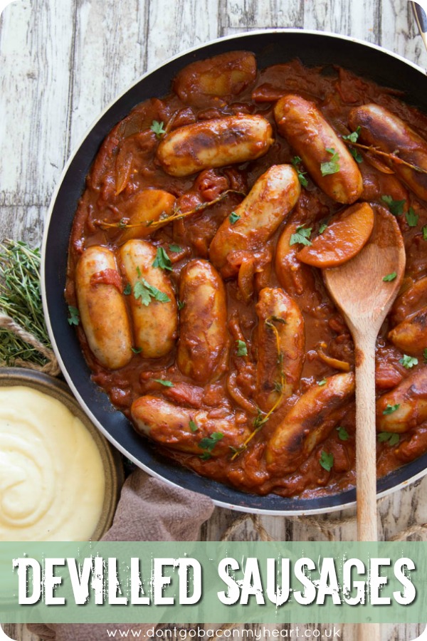 This Devilled Sausages Recipe is the ultimate comfort food. Cooked in one pan with a rich and spicy tomato sauce, quick dinners have never tasted so good! #sausages #comfortfood #dinner | www.dontgobaconmyheart.co.uk