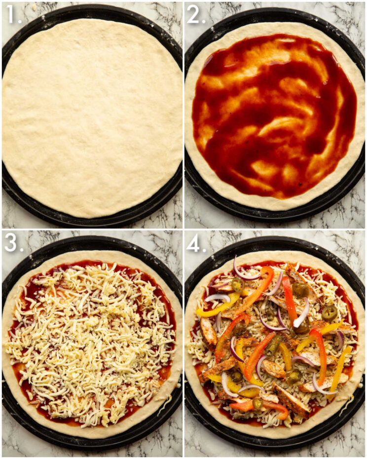 4 step by step photos showing how to make bbq chicken pizza