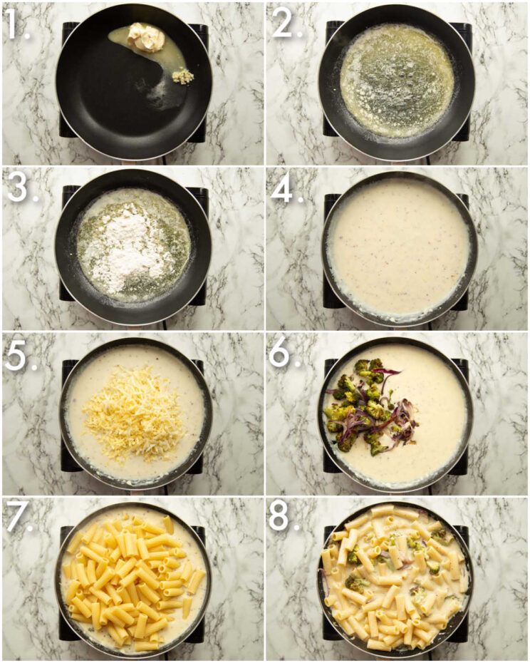 8 step by step photos showing how to make cheesy broccoli pasta