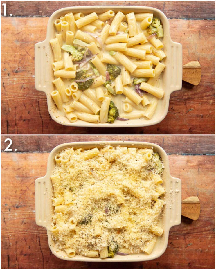 2 step by step photos showing how to make broccoli pasta bake