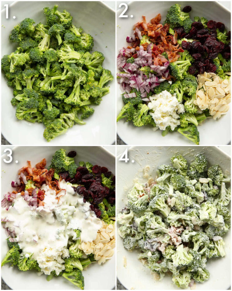 4 step by step photos showing how to make broccoli salad