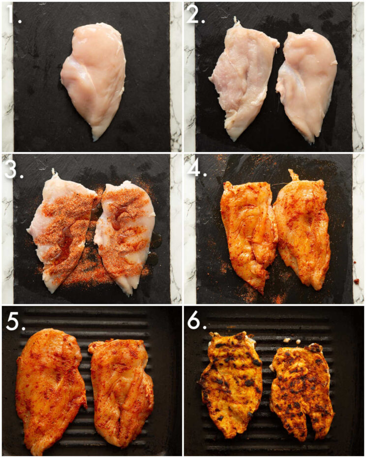 6 step by step photos showing how to prepare chicken for pizza