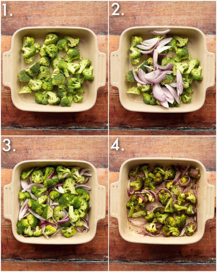 4 step by step photos showing how to roast broccoli