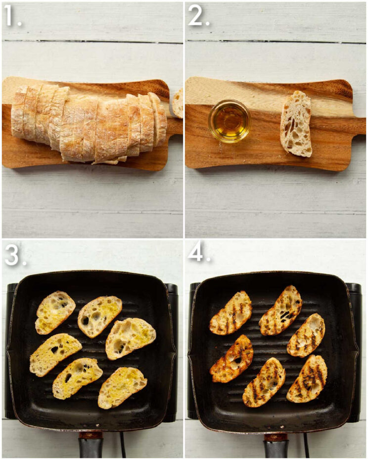 4 step by step photos showing how to toast ciabatta