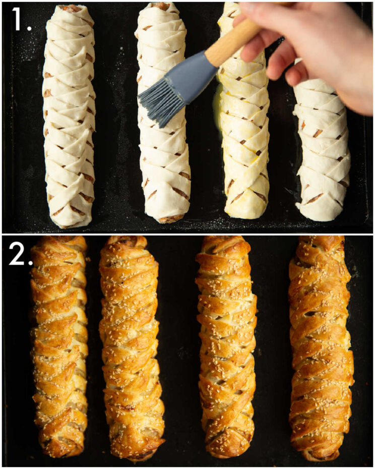 2 step by step photos showing how to cook sausage rolls