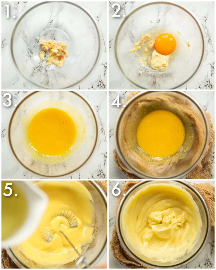 6 step by step photos showing how to make aioli