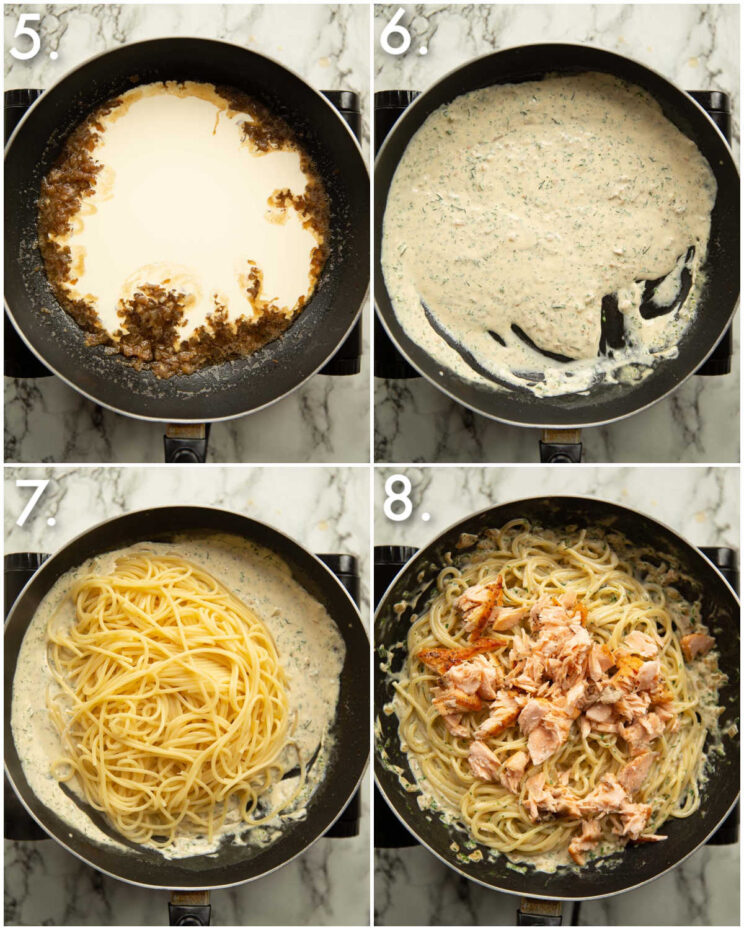 4 step by step photos showing how to make salmon pasta