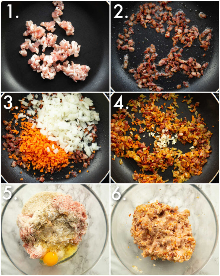 6 step by step photos showing how to make sausage roll filling