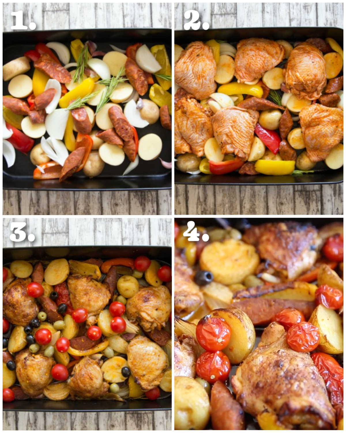 4 step by step photos showing how to make spanish chicken traybake