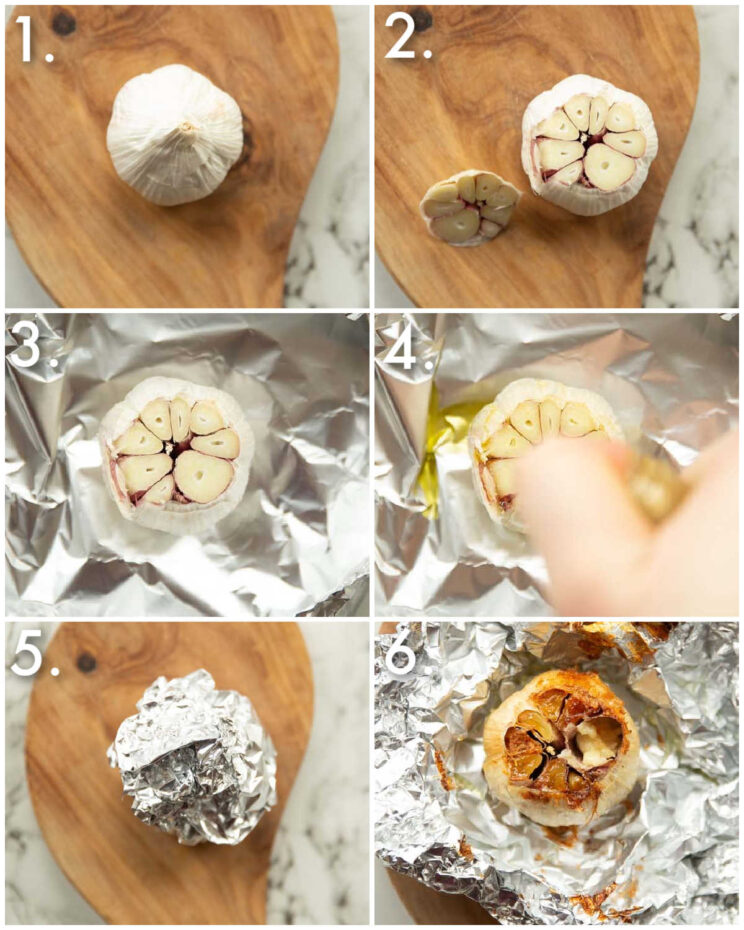 6 step by step photos showing how to roast garlic