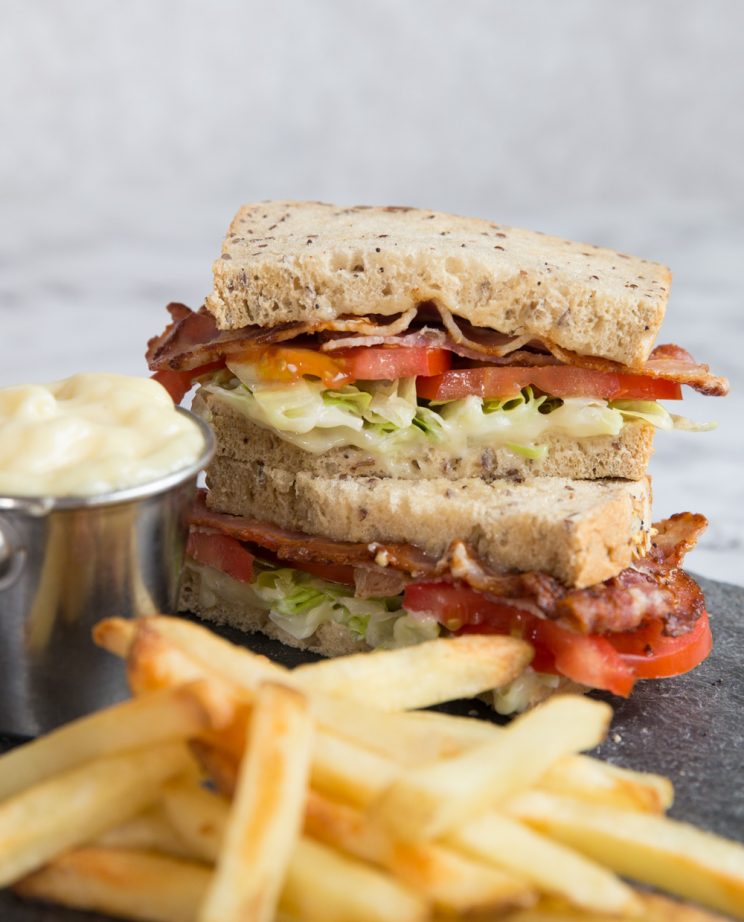 BLT Sandwich with Roasted Garlic Aioli and french fries