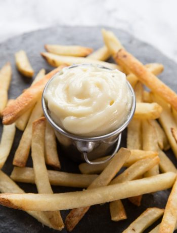 Homemade Roasted Garlic Aioli served with fries