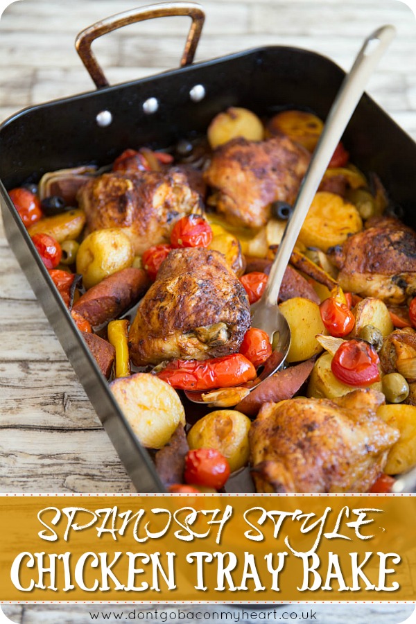 This Spanish Chicken Tray Bake is the perfect no fuss dinner. Chuck it in the pan, leave it to roast & enjoy one of the most delicious and flavoursome dinners you've ever had! #spain #spanish #chicken #dinner | www.dontgobaconmyheart.co.uk