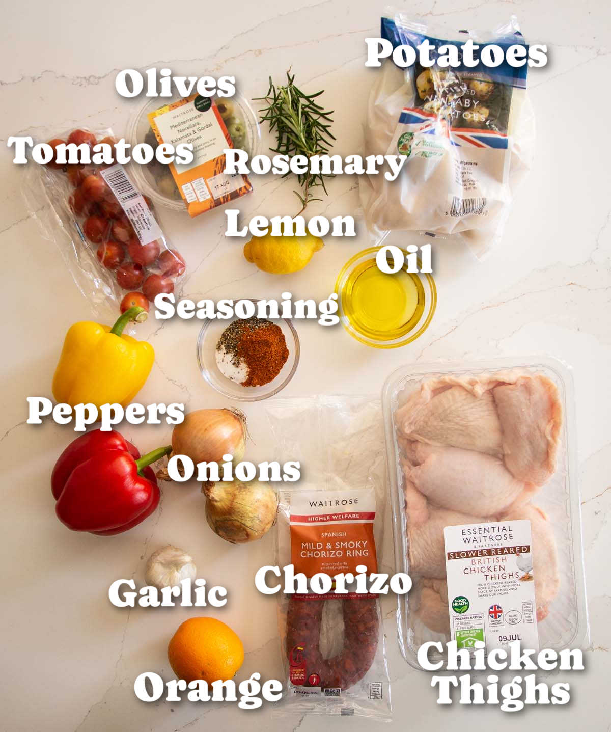 overhead shot of spanish chicken traybake ingredients with text labels