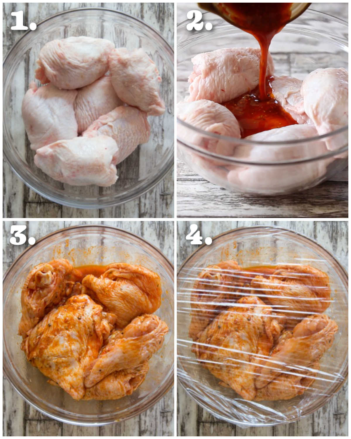 4 step by step photos showing spanish chicken traybake marinade