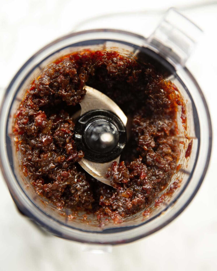 overhead shot of bacon jam in food processor